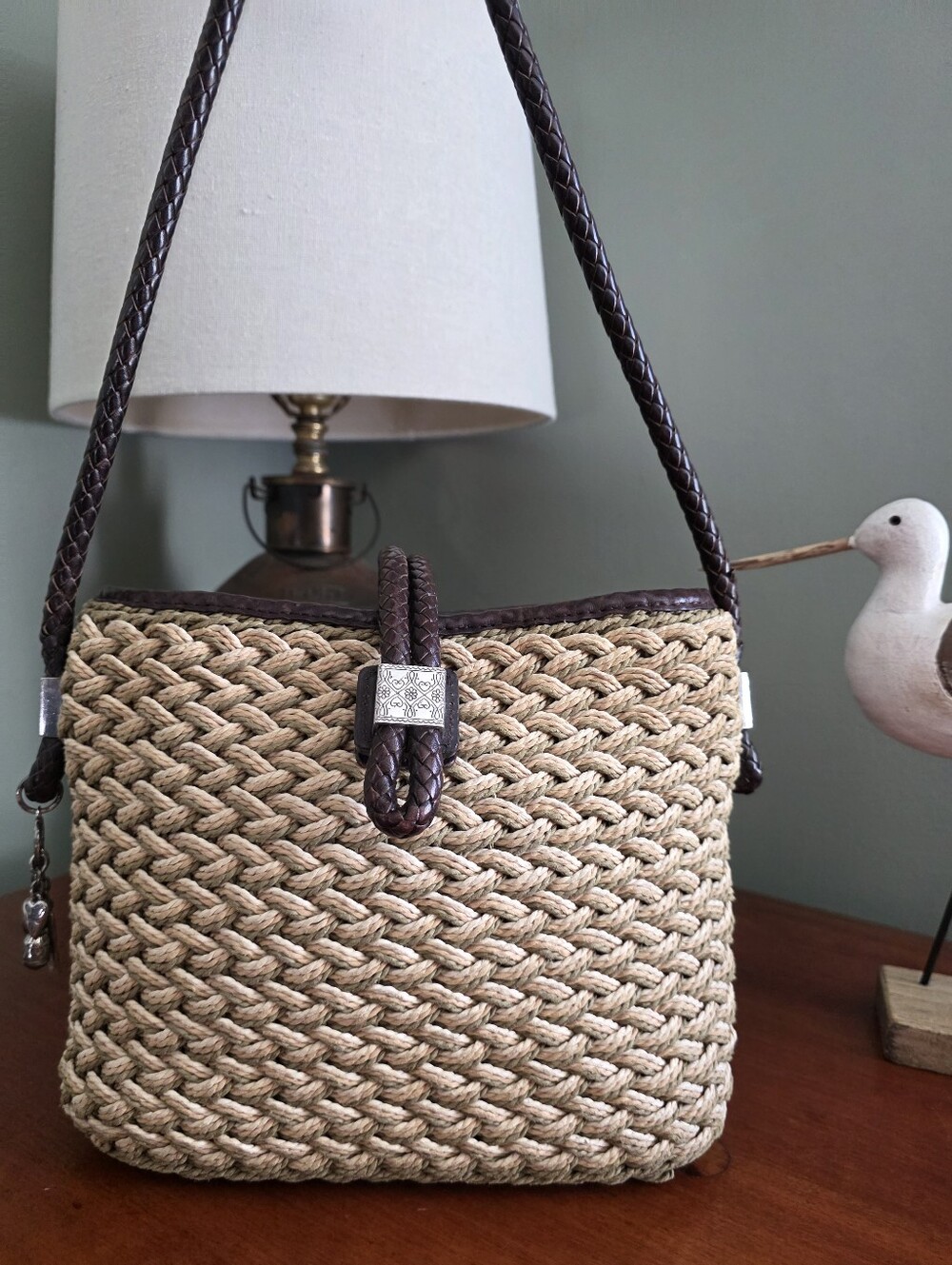 Brighton Woven Brown Braided Leather Trim Shoulder Bag Purse